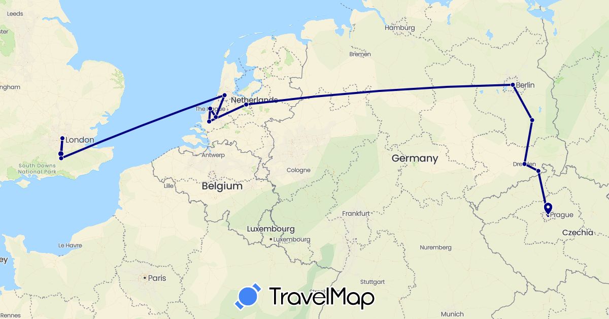 TravelMap itinerary: driving in Czech Republic, Germany, United Kingdom, Netherlands (Europe)